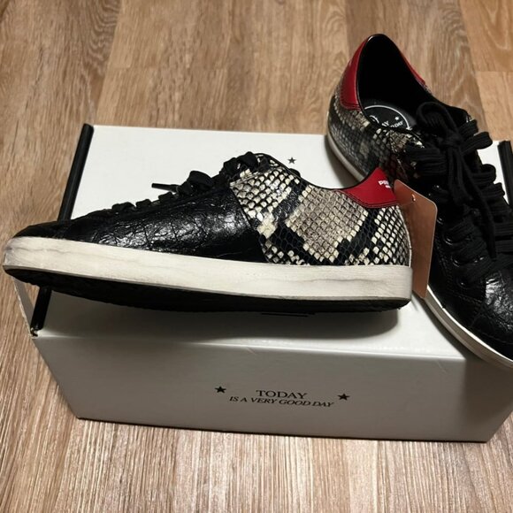 Primabase Sneakers Black Textured Leather Snake Print Red Heel - Picture 11 of 13